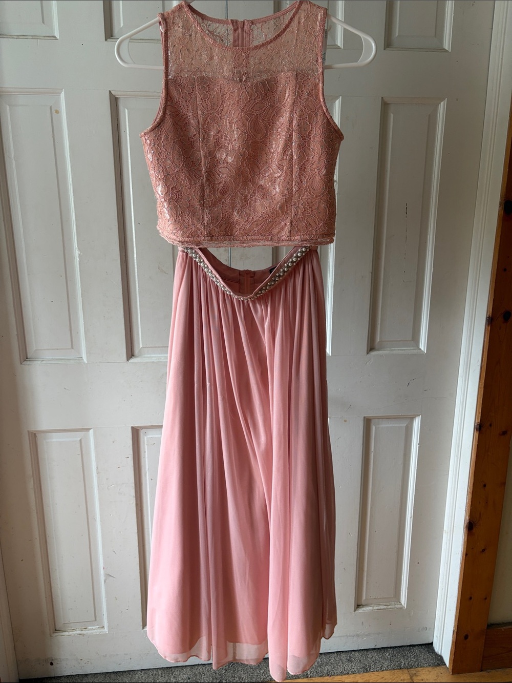 Sequin Hearts Pink Lace Two-Piece Formal Dress with Beaded Waist - size 12 girls